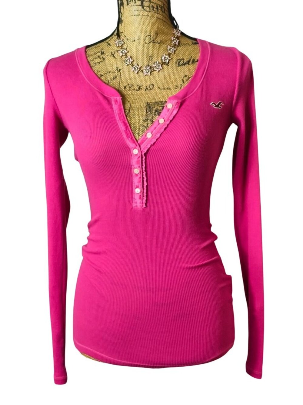Vtg Hollister Womens Y2K XS Henley Pink Ribbed Long-Sleeve Lace Seagull Logo Rar